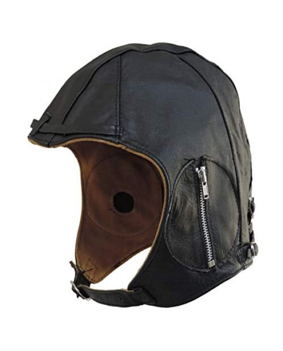 Aviator Black Leather Motorcycle Cap Vintage WWII Hat