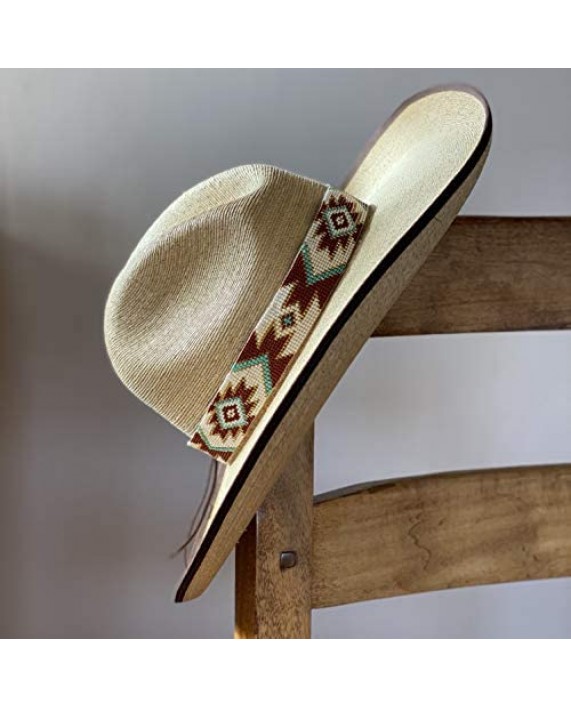 Beaded Hat Band 1 Inch Wide Hatband Hat Accessory Leather Ties Men Brown Cream and Turquoise Mayan Design Handmade in Guatemala