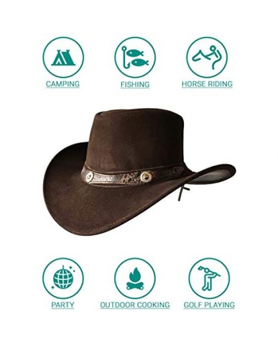 BRANDSLOCK Mens Suede Leather Cowboy Aussie Style Down Under Hat Wide Brim