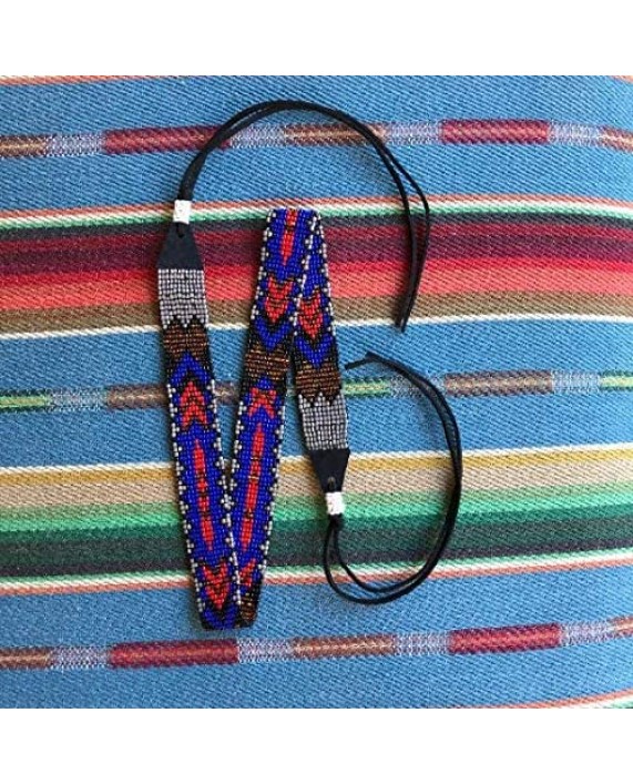 Cowboy Western Beaded Hat Band Rodeo Style Aztec Blue Gray and Red Hatbands Handmade in Guatemala 7/8 Inches X 21 Inches (Blue and Gray)