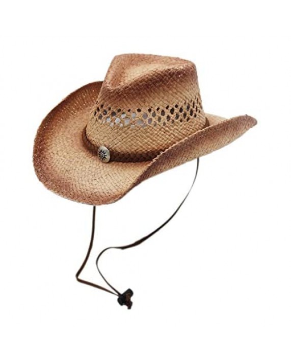 Raffia Straw Cowboy Western Sun Hat Chin Strap Silver Canyon Natural