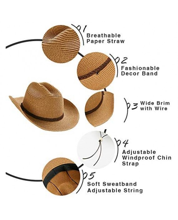 Straw Cowboy Hat Summer Beach Panama Sun Hats Men & Women Wide Brim Cowgirl Fedora Western Theme Party Halloween