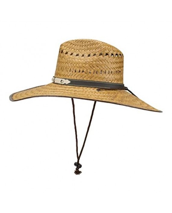 Super Wide Brim Cowboy Lifeguard Palm Leaf Straw Hat Flex Fit Chin Strap L