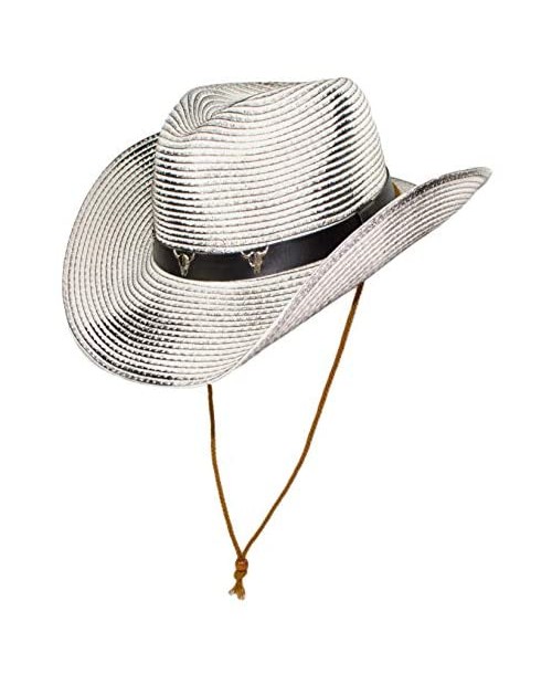 Western Rustic Rodeo Shapeable Straw Cowboy Hat with Chin Strap Black Hatband with Longhorn Skeletons White Large