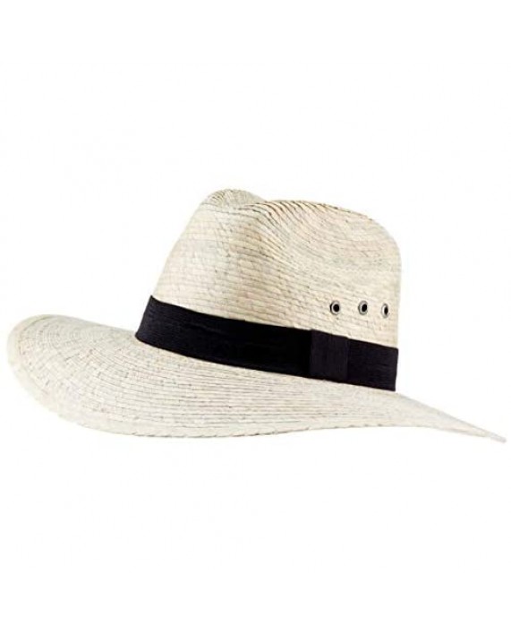 MEXIMART Mexican Palm Leaf Straw Indiana Wide Brim Hat Light Tan w/Grommets