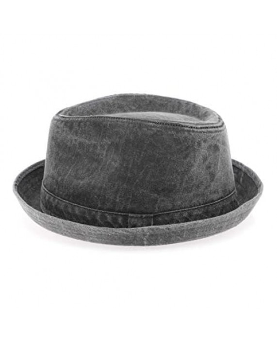 MIRMARU Men's Denim Washed Cotton Casual Vintage Style Pork Pie Fedora Sun Hat