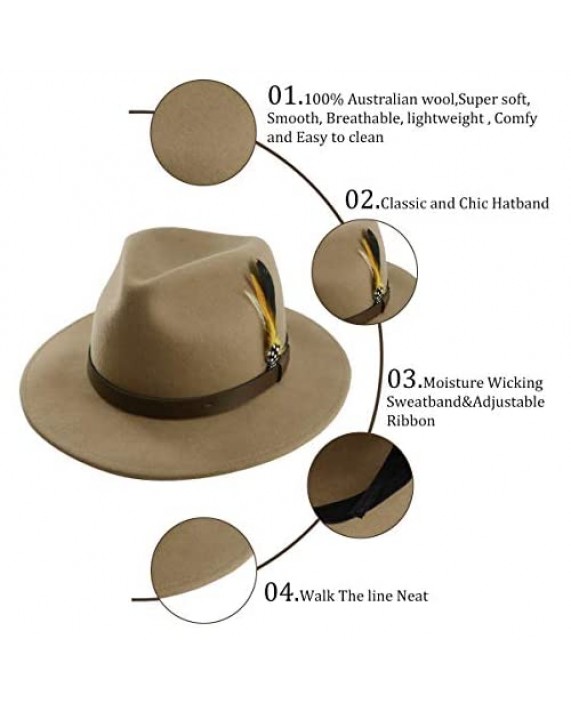 MIX BROWN Wool Felt Fedora Hat for Men Women Crushable Vintage Wide Brim Panama Trilby Hats with Belt Buckle