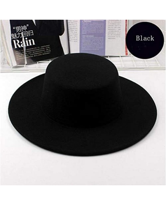 QUUPY 1PCS Black Classic Wool Flat Top Blend Fedora Hat Brim Church Derby Cap for Unisex Men Women