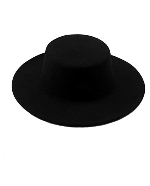 QUUPY 1PCS Black Classic Wool Flat Top Blend Fedora Hat Brim Church Derby Cap for Unisex Men Women