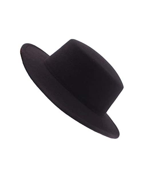 QUUPY Fashion Classic Black Wool Blend Fedora Hat Brim Flat Church Derby Cap