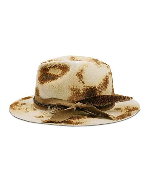 Vintage Fedora Firm Wool Felt Panama Hat Classic for Men Women Wide Brim with Lightning Logo Distressed Style (White with Burnt 7 3/8)