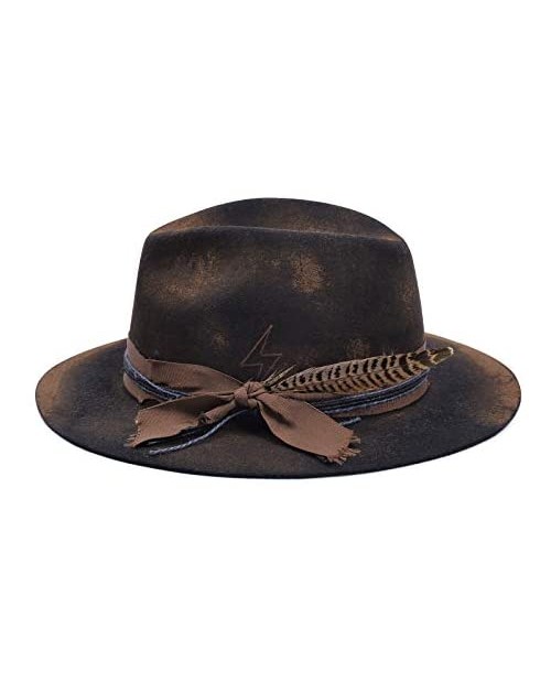 Vintage Fedora Firm Wool Felt Panama Hat Classic for Men Women Wide Brim with Lightning Logo Distressed Style (Black Tan 7 3/8)
