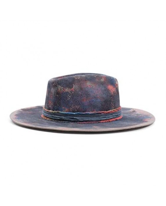 Vintage Fedora Firm Wool Felt Panama Hat Classic for Men Women Wide Brim with Strip and Lightning Logo Distressed Style L