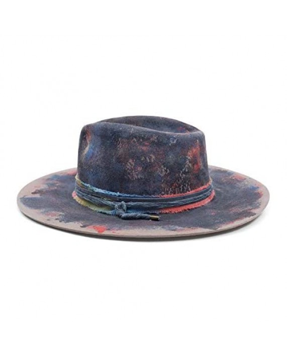 Vintage Fedora Firm Wool Felt Panama Hat Classic for Men Women Wide Brim with Strip and Lightning Logo Distressed Style L
