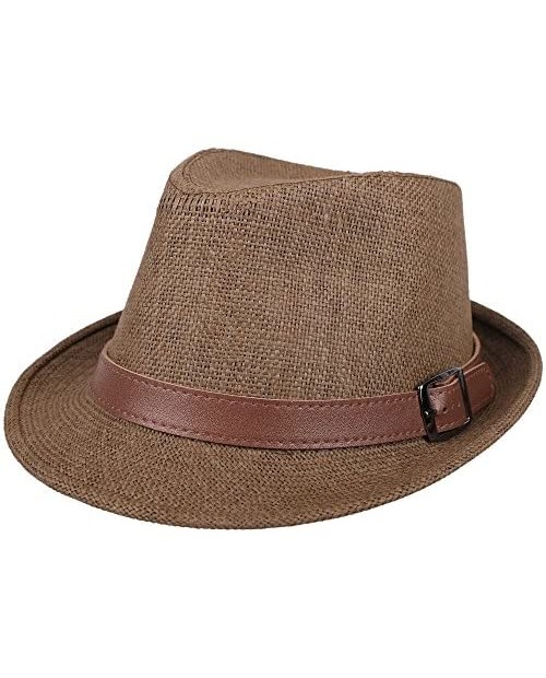 YoungLove Beach Straw Fedora Hat w/Solid Hat Band for Men & Women