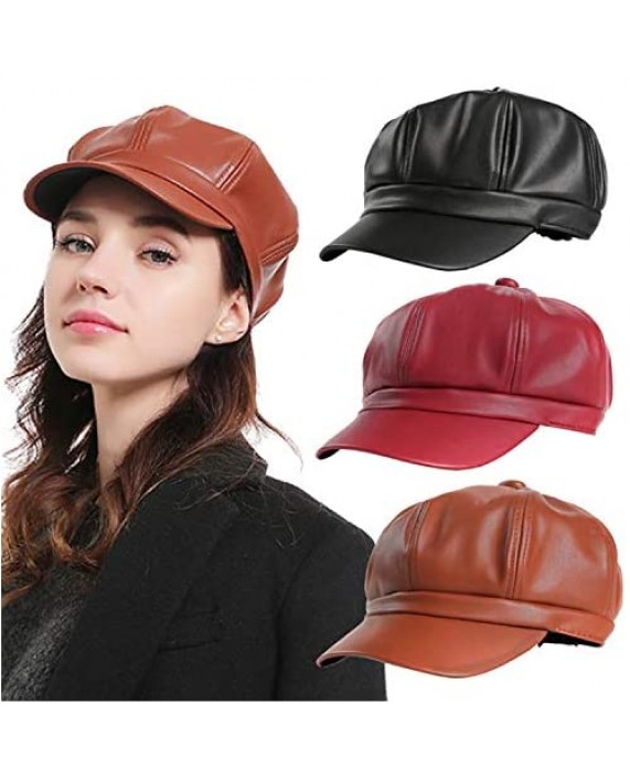 FaLasoso Women Beret PU Leather Casual Newsboy Cap Vintage Octagonal Flat Cap Gatsby Driving Ivy Hat (Black)