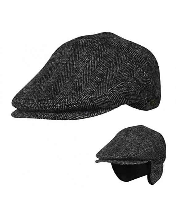 Folie Co. 100% Wool Herringbone Winter Ivy Cabbie Hat w/Fleece Earflaps – Driving Hat