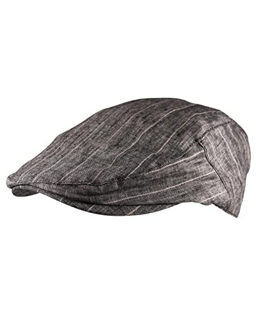 Itzu Mens 100% Linen Flat Cap Hat Striped Breathable Golf in Natural Grey or Beige
