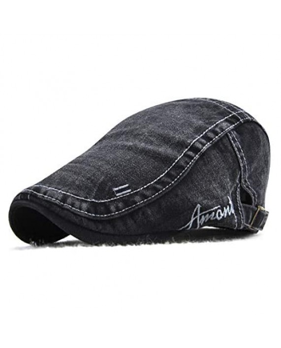 Men Denim Flat Cap Hat Ivy Gatsby Caps Cotton Beret Adjustable Size Buckle