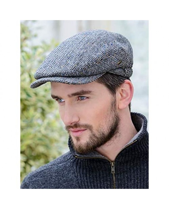 Men's Authentic Irish Wool Flat Cap - Traditional Herringbone Style Made in Ireland Gray