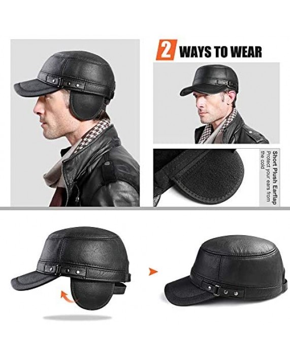 Sumolux Winter Mens Leather Cap with Earflap Military Cadet Army Flat Top Hat