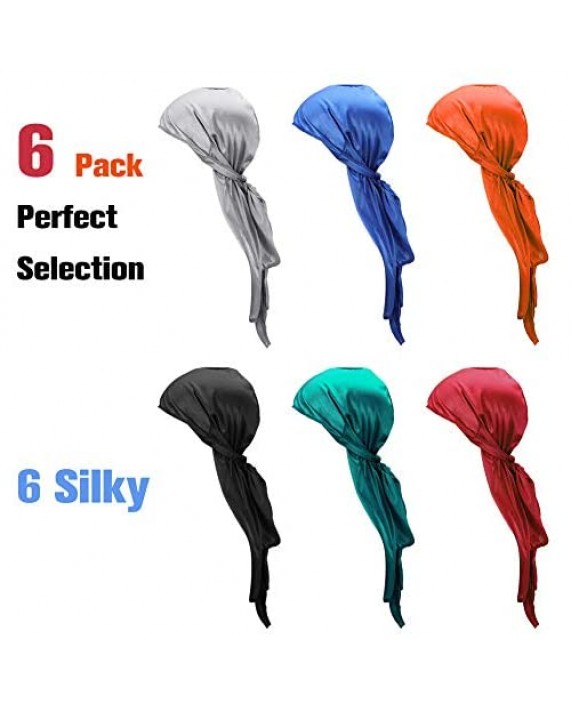 6 Pieces Silk Durags Cap for Men Women Smooth Satin Doo Rag Headwraps with Long Tail and Wide Straps for 360 Waves