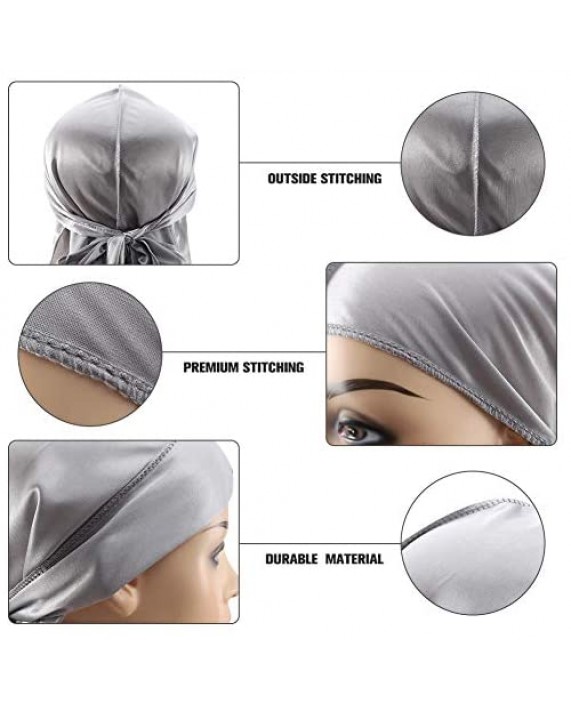 6 Pieces Silk Durags Cap for Men Women Smooth Satin Doo Rag Headwraps with Long Tail and Wide Straps for 360 Waves