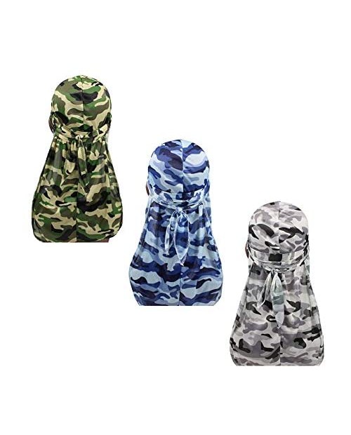 Military Camouflage Premium Silky Durags with Long Tail Colorful 360 Waves Doo rag for Men Du rag Cap (3/4 Packed)