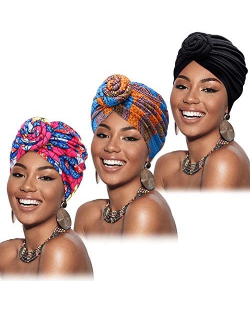 Mudder 3 Pieces Women African Turban Pre-Tied Knot Headwrap Beanie Bonnet Cap Hair Loss Hat