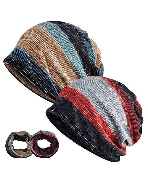 Slouchy Beanie Tube 2-Pack Multipurpose Neck Gaiter Loop Scarf Ponytail Knit Hat