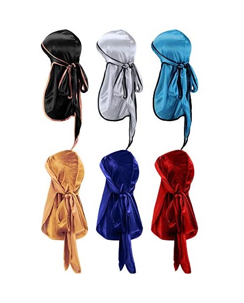 Tatuo 3 Pieces Silky Durag and 3 Pieces Velvet Durag Soft Headwrap Du-Rag with Long Tail and Wide Straps for 360 Waves