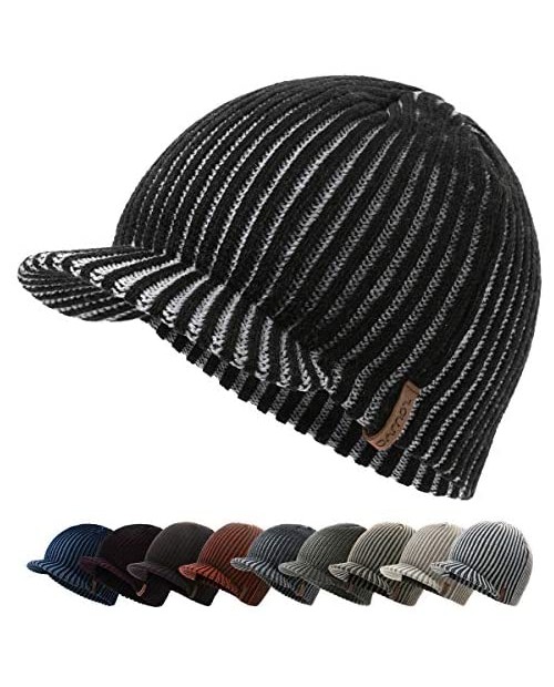 ZOWYA Winter Visor Beanie Hat for Men & Women Brim Knit Skully Hats Billed Skull Cap Thick Vintage Contrast Color