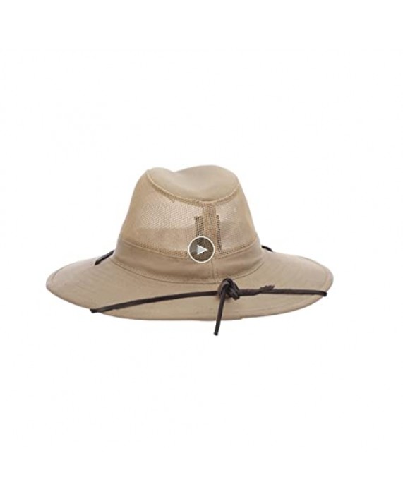 Dorfman Pacific Men's Brushed Twill-and-Mesh Safari Hat with Genuine Leather Trim
