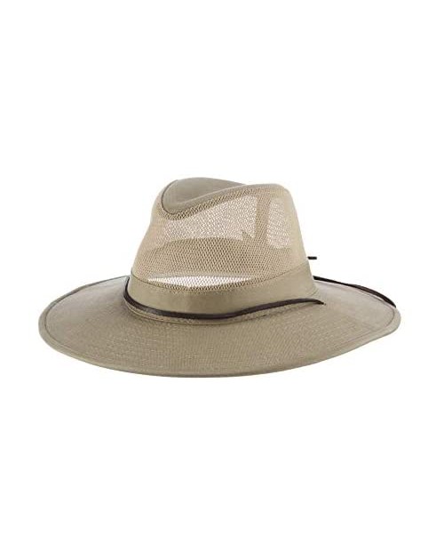 Dorfman Pacific Men's Brushed Twill-and-Mesh Safari Hat with Genuine Leather Trim