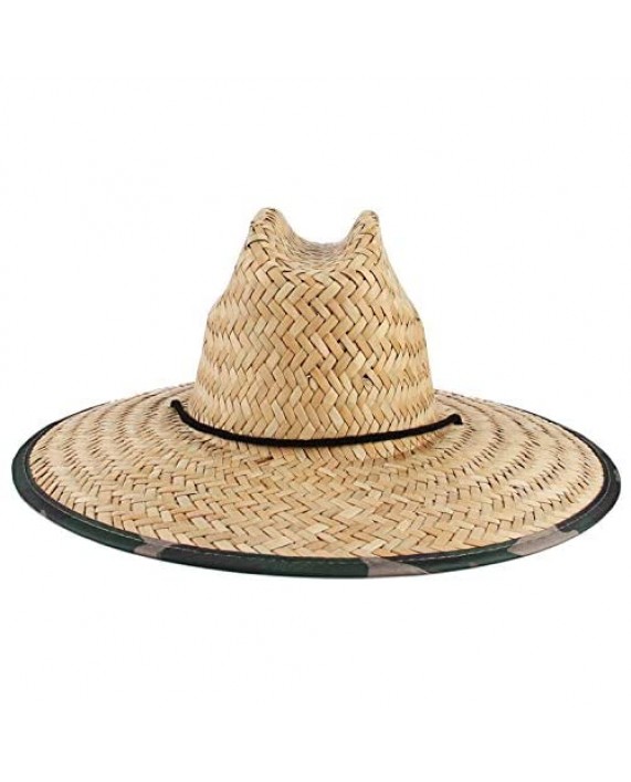 EOZY Men Straw Lifeguard Fishing Hat Printed Under Brim Sun Protection Wide Brim Beach Surf Cap