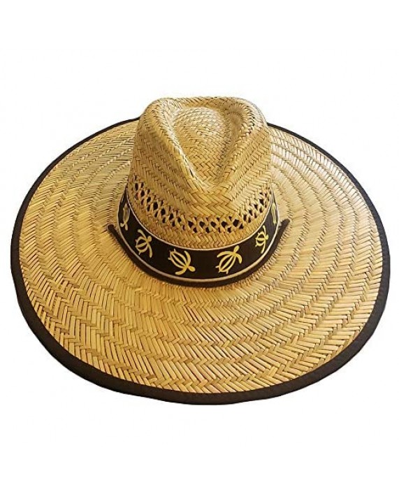 Men's Summer Palm's and Turtle Printed Band Wide Brim Straw Sun Hat