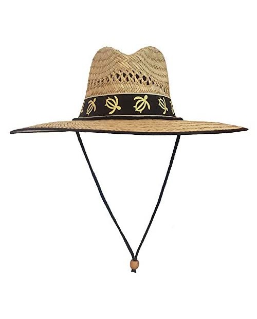 Men's Summer Palm's and Turtle Printed Band Wide Brim Straw Sun Hat