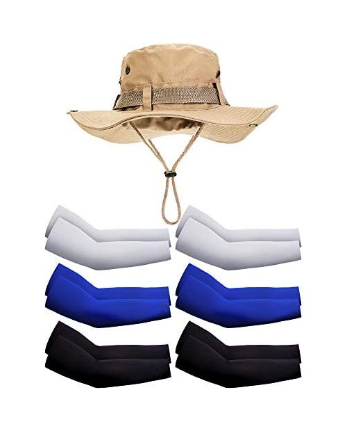 SATINIOR 7 Pack Summer UV Protection Set Safari Hat Wide Brim Boonie Cap and 6 Pairs Cooling Ice Silk Arm Sleeves for Outdoor Activities