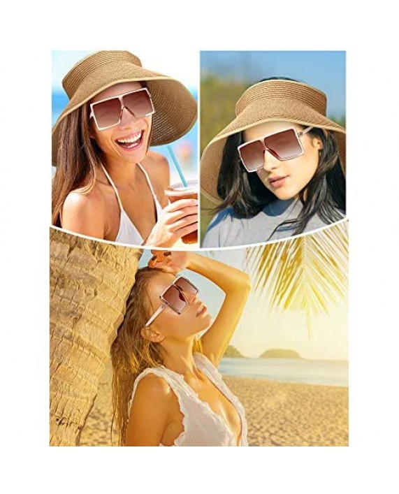 Women's Foldable Straw Sun Visor Wide Brim Roll up Summer Beach Hat with Oversized Square Sunglasses