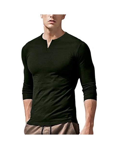 Babioboa Men's Casual Henley Shirt Long Sleeve Regular Fit T-Shirt Beach Yoga Top Deep Green