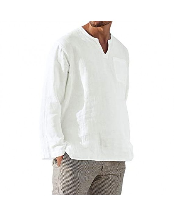 Bbalizko Mens Cotton Linen Henley Shirt Casual Long Sleeve V Neck Hippie Loose Beach Yoga Tops with Pocket White