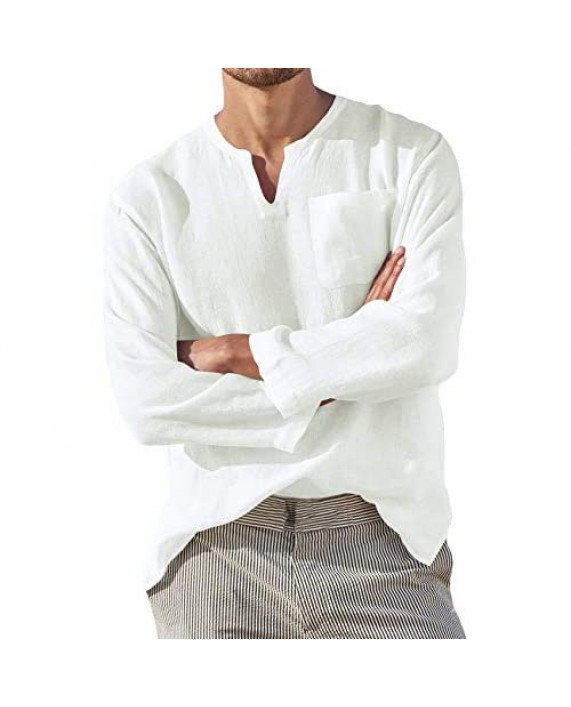 Bbalizko Mens Cotton Linen Henley Shirt Casual Long Sleeve V Neck Hippie Loose Beach Yoga Tops with Pocket White