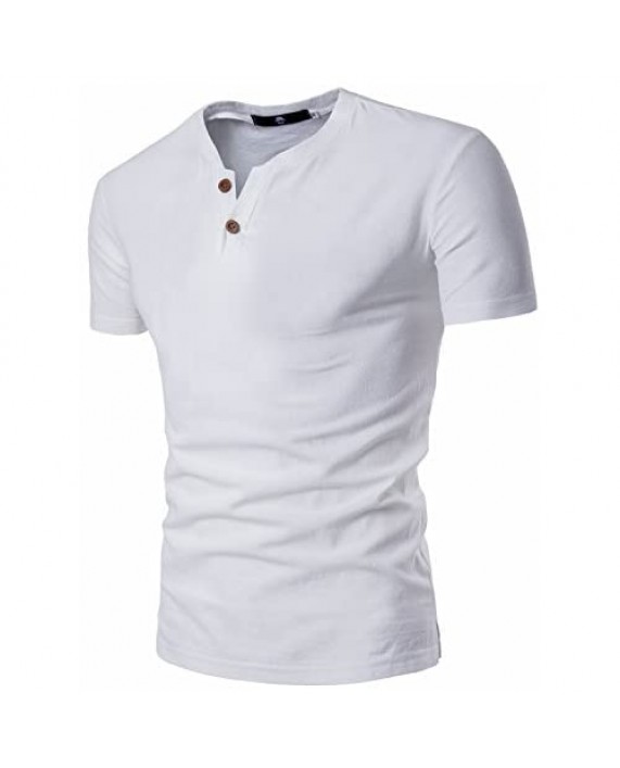 DELCARINO Men's Cotton Linen Henley Shirt Short Sleeve Summer Beach Casual T-Shirts