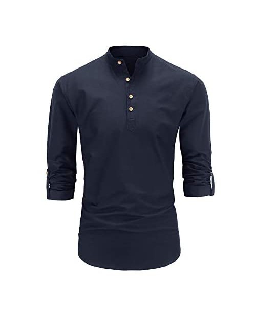 Dioufond Mens Henley Shirts Long Sleeve Mandarin Collar Popover Shirts