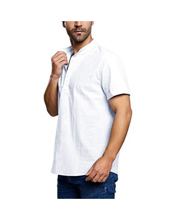 Enjoybuy Mens Henley Linen Shirts Short Sleeve Banded Collar Hidden Buttons Plain Summer T-Shirt Top