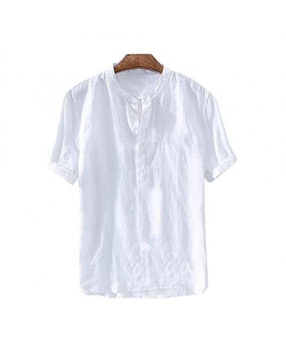 Enjoybuy Mens Henley Linen Shirts Short Sleeve Banded Collar Hidden Buttons Plain Summer T-Shirt Top