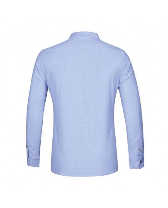 Lars Amadeus Men's Linen Shirt Banded Collar Roll Up Long Sleeves Button Beach Slim Fit Henley Shirts