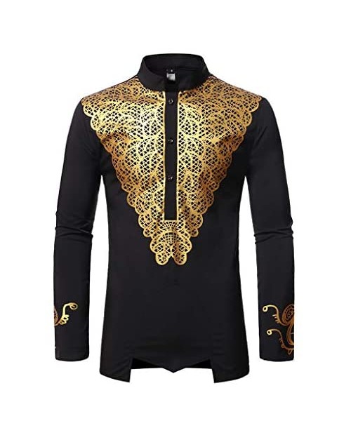 Luxfan Mens Dashiki African Shirt Clothing Traditional Gold Printed Long Henley Shirt US Plus Size