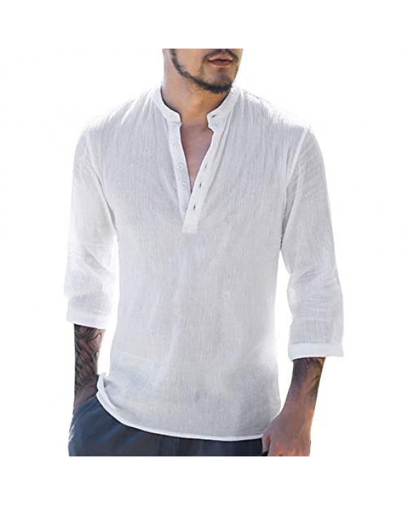 Makkrom Mens Linen 3/4 Sleeve Henley Shirts Cotton Loose Casual Summer Beach T Shirt Tops