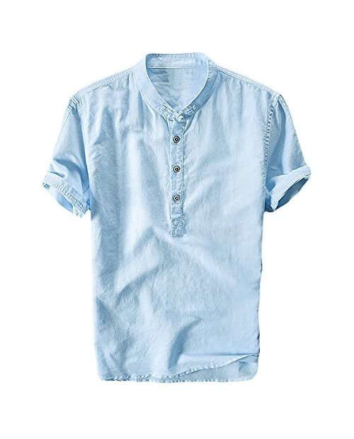 Makkrom Men's Linen Henley Shirts Short Sleeve Cotton Lightweight Tees Solid Summer Beach T Shirt